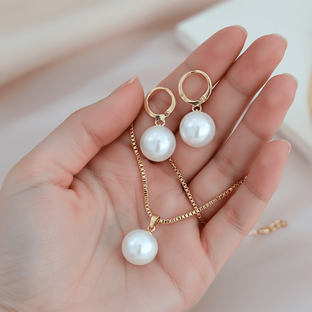 Faux Pearl Necklace Earrings Set