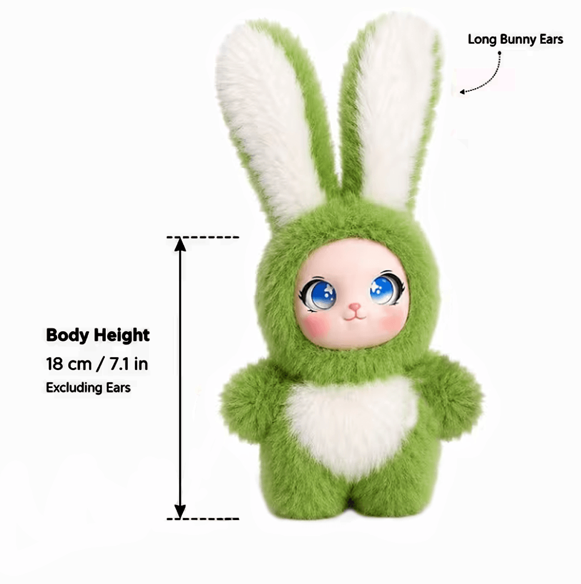 Green kawaii bunny plush doll with long bunny ears, 18cm body height measurement