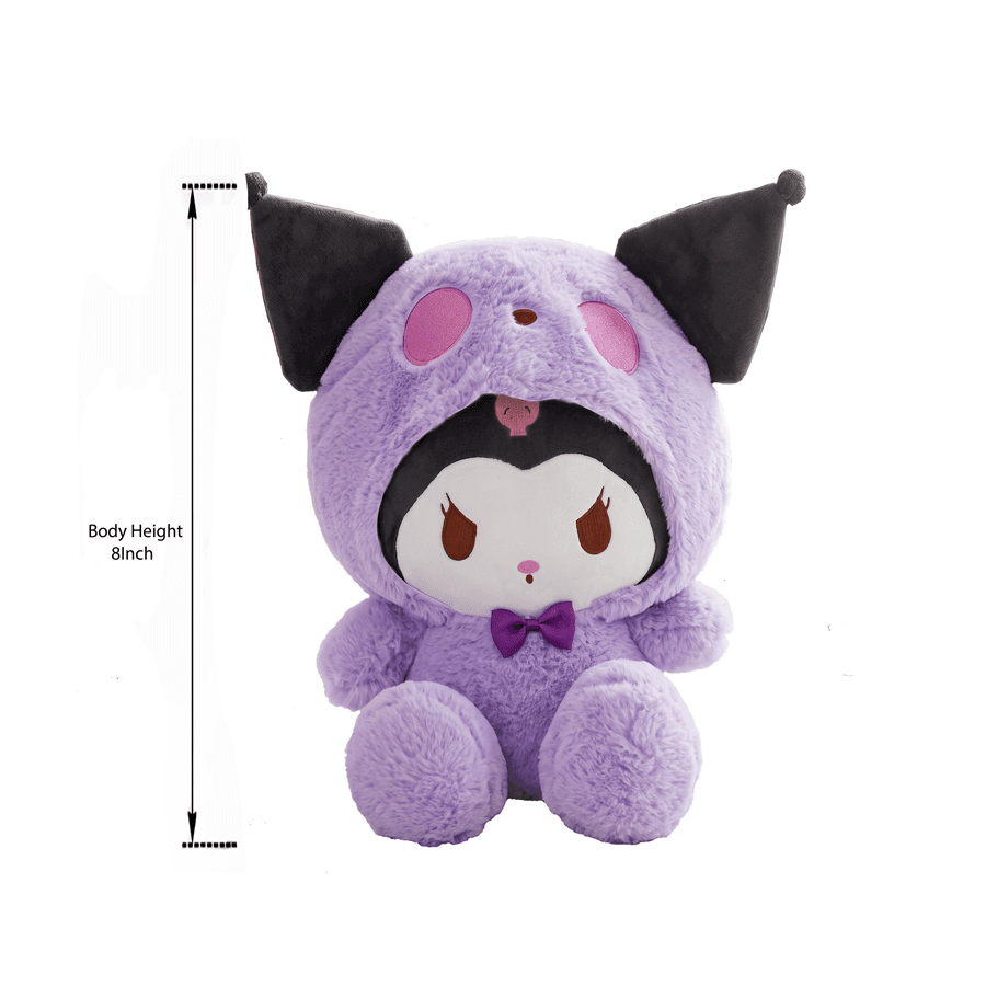 Purple kawaii character plush toy with black ears and bow, 8 inch body height measurement