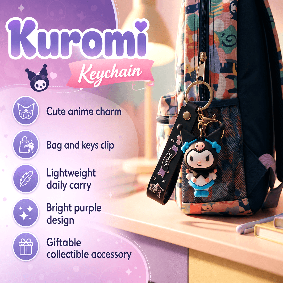 Back to School Sanrio Kuromi 3D Cartoon Keychain Pendant — Dark Pink