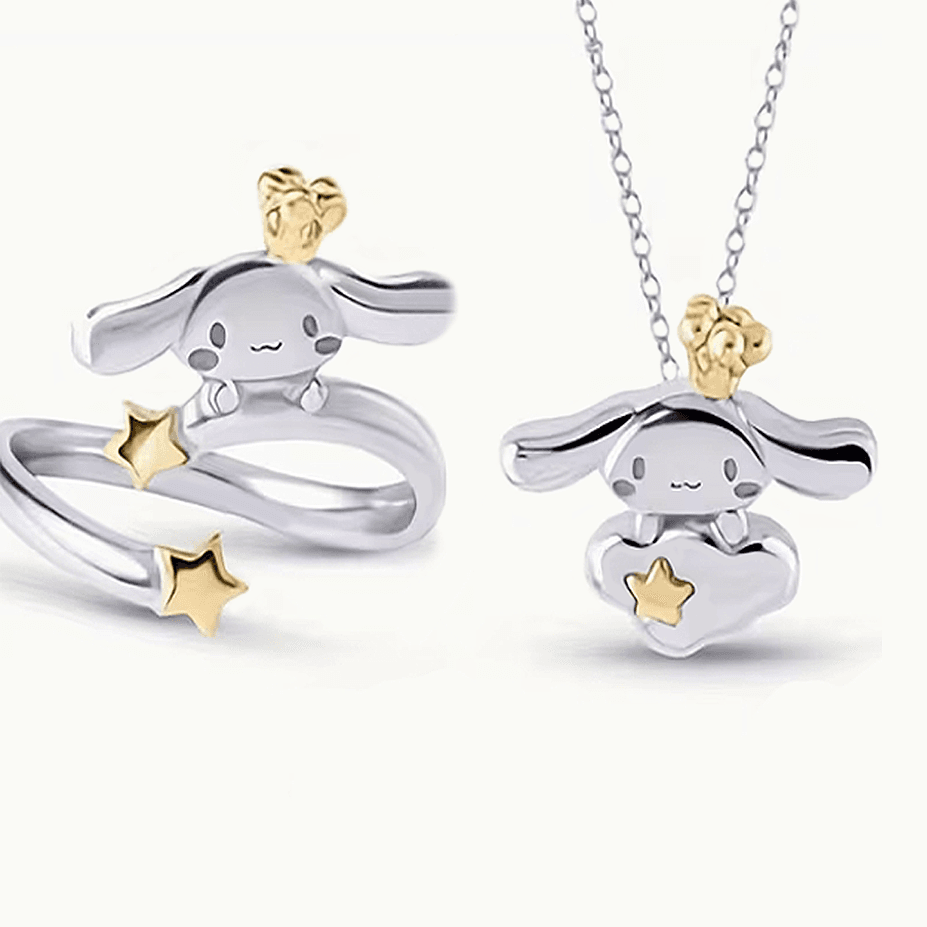 Sanrio Matching puppy ring and necklace set with gold star and bow charm accents on stainless steel