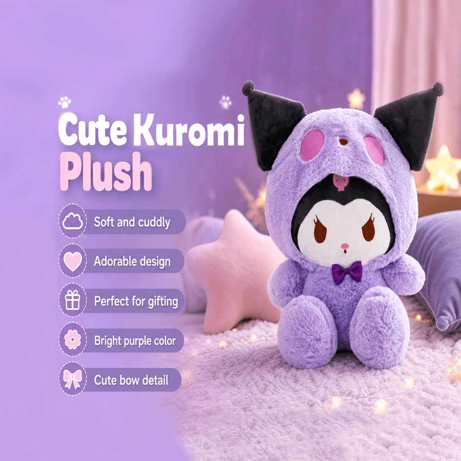 Purple kawaii character plush toy infographic showing soft cuddly design and bow detail