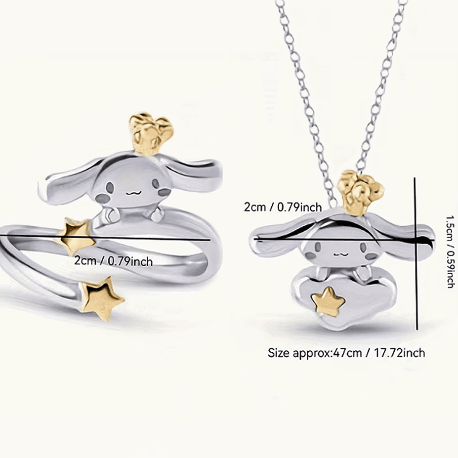 Sanrio Cartoon puppy ring and necklace set with star charm — stainless steel jewelry with size measurements